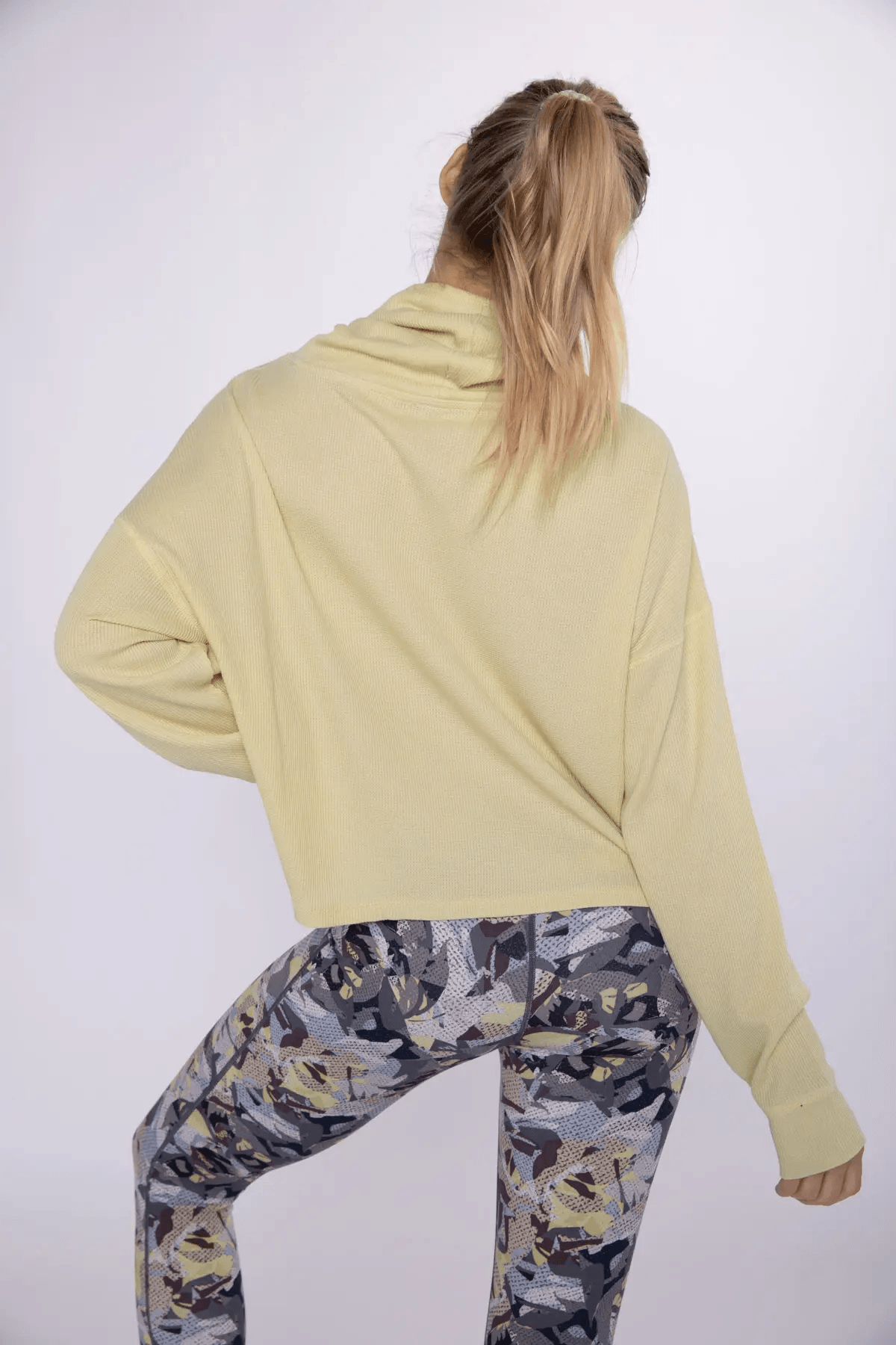 Mono B Boxy Mineral-Washed Cowl-Neck Pullover Waffle Knit - Yellow 22 - Kota Wellness