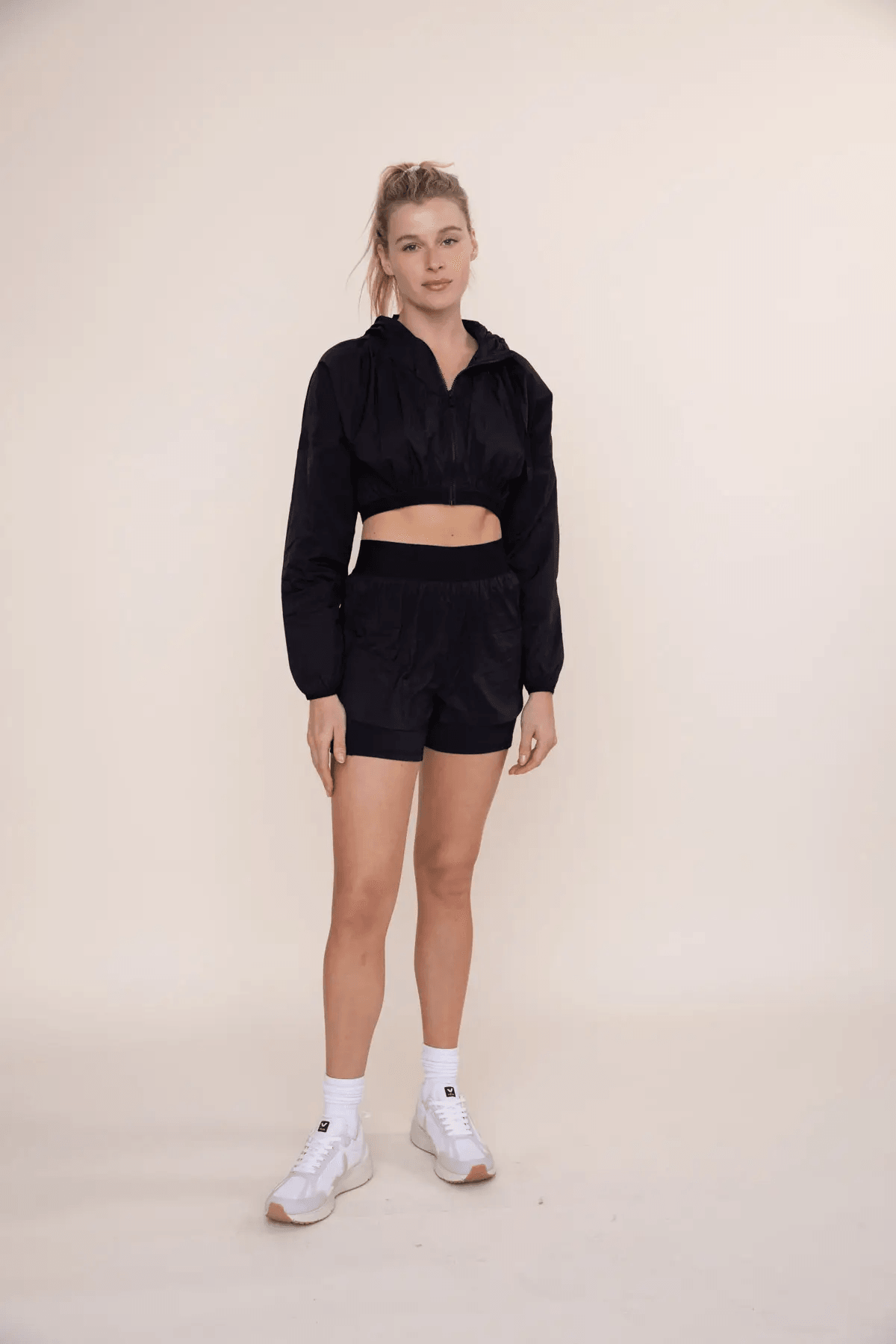 Mono B Crop Windbreaker Zip Up Hoodie - Black - Kota Wellness