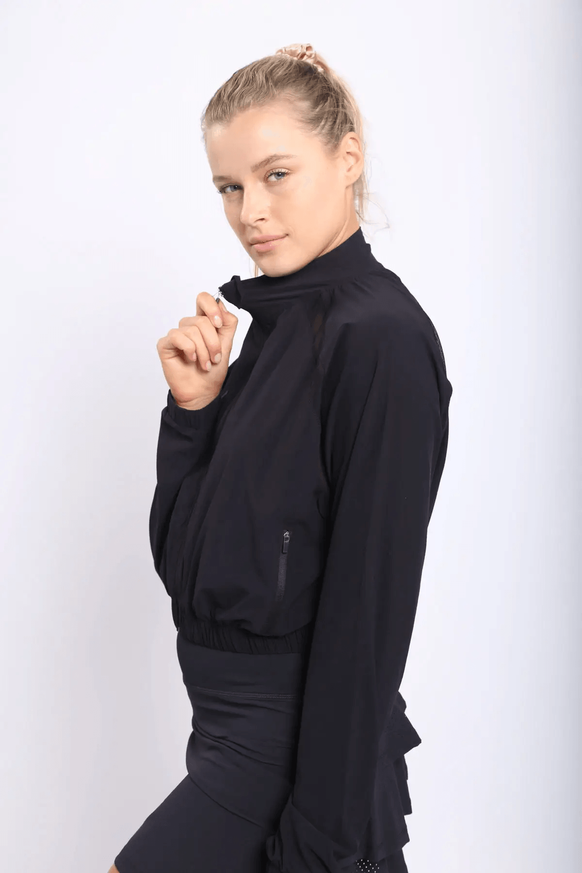 Mono B Cropped Zip-Up Jacket with Mesh Raglan Detail - Black - Kota Wellness