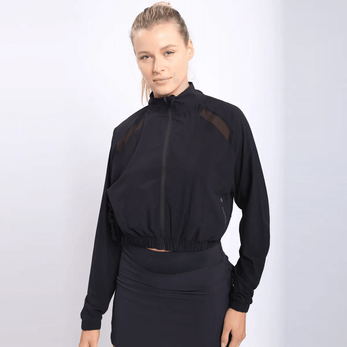 Mono B Cropped Zip-Up Jacket with Mesh Raglan Detail - Black - Kota Wellness