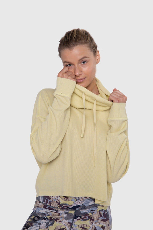 Mono B Boxy Mineral-Washed Cowl-Neck Pullover Waffle Knit - Yellow 22 - Kota Wellness
