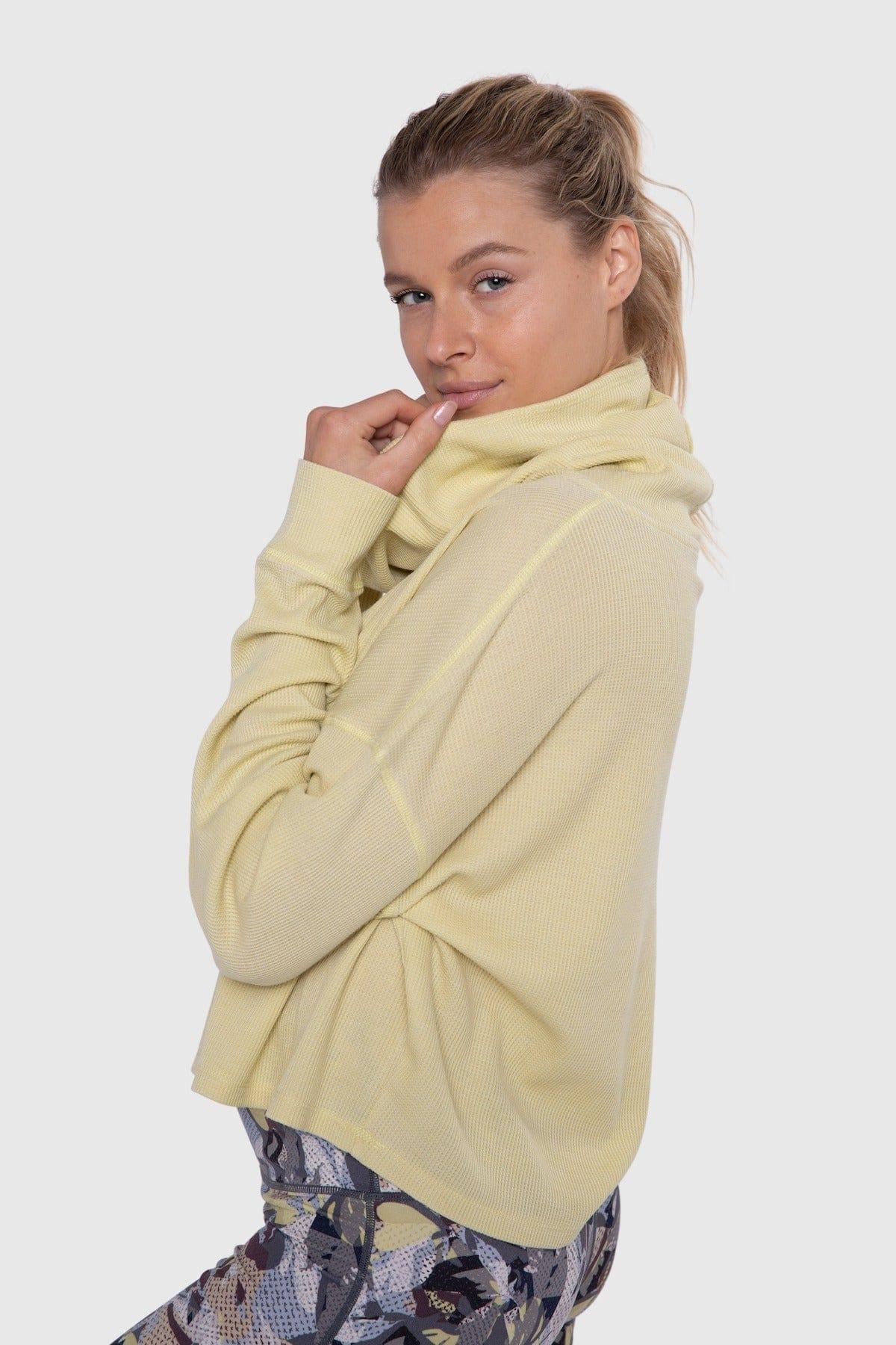 Mono B Boxy Mineral-Washed Cowl-Neck Pullover Waffle Knit - Yellow 22 - Kota Wellness