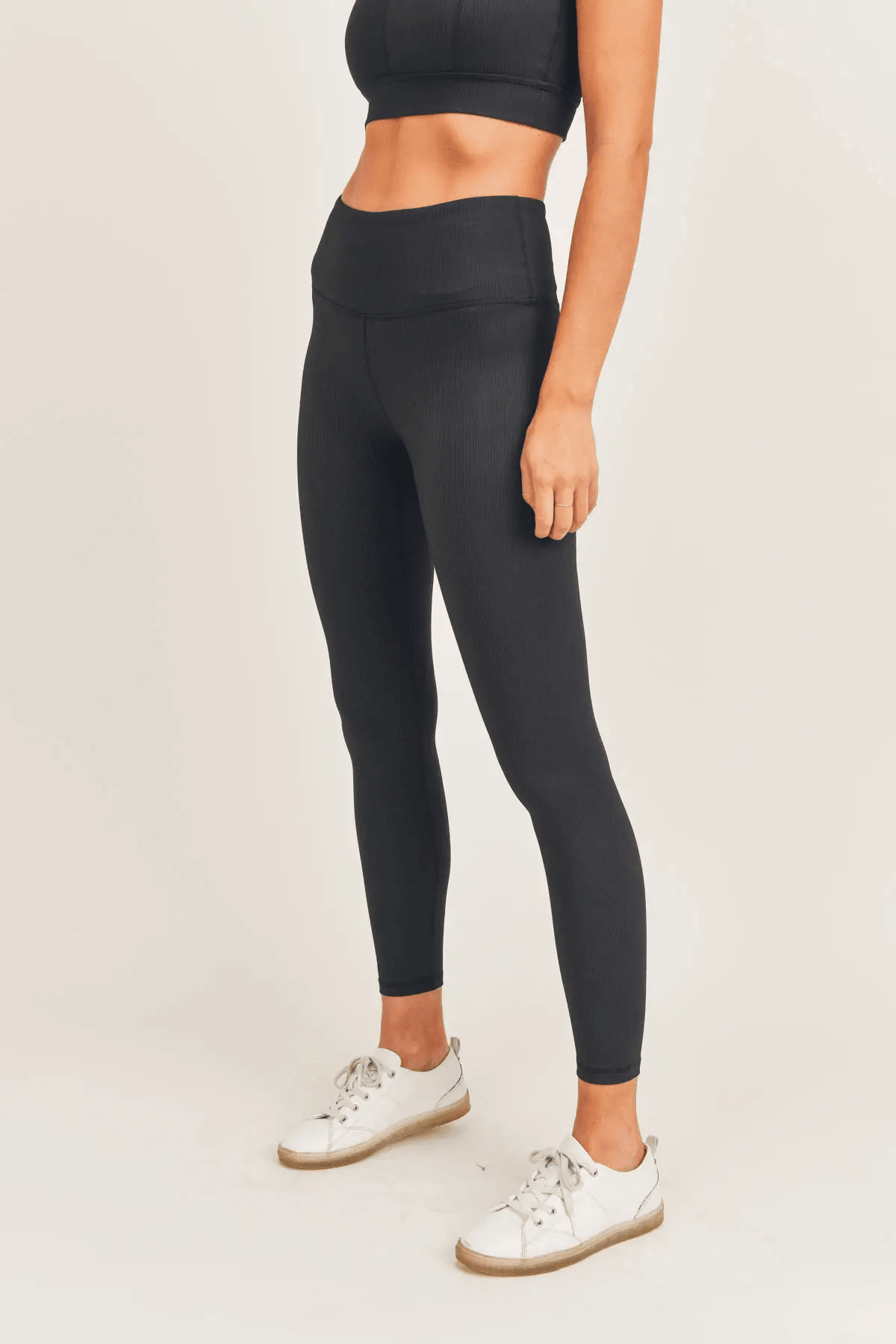 Mono B BRONZE Micro Ribbed Lycra-Blend High-Waisted Leggings - Black - Kota Wellness