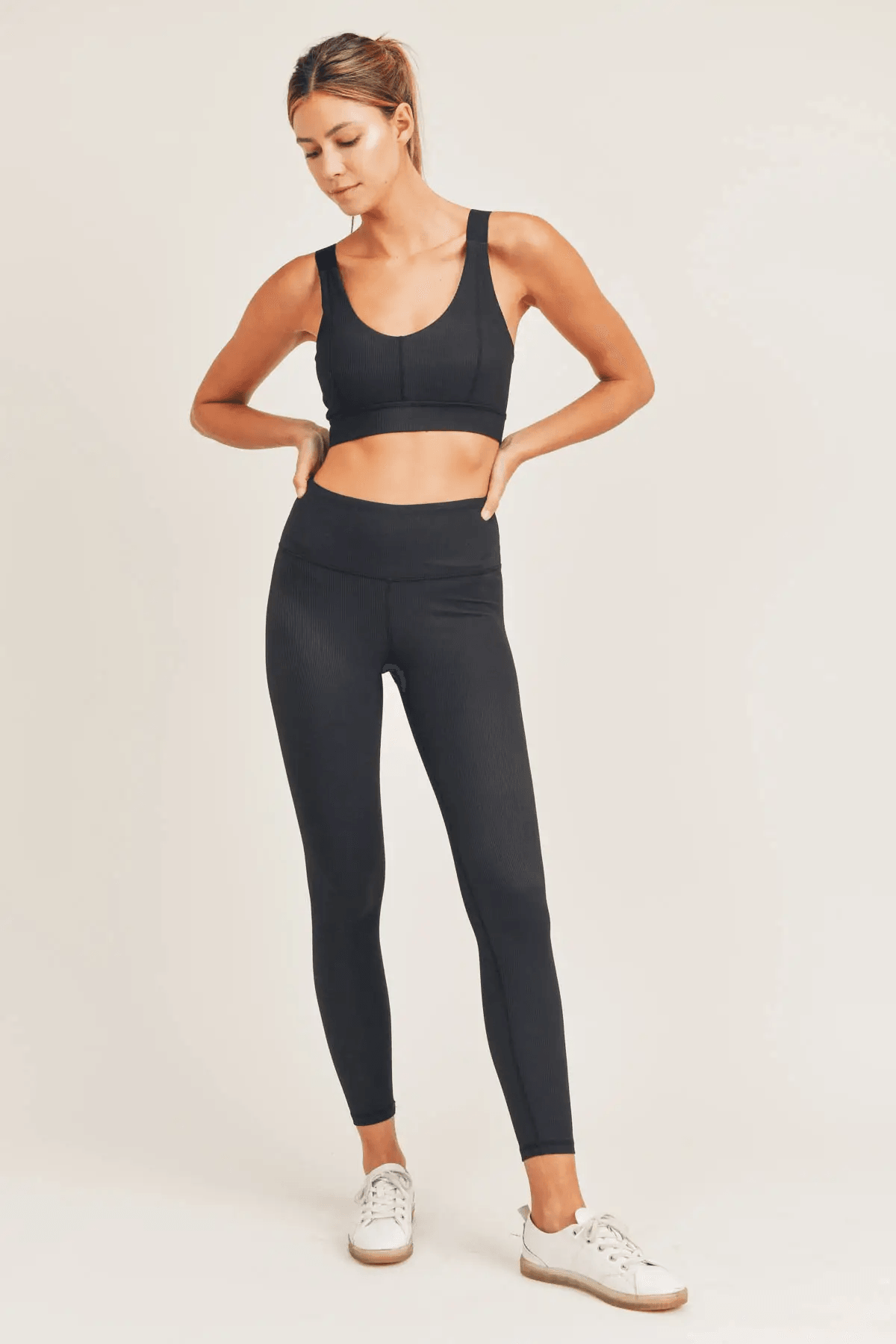Mono B BRONZE Micro Ribbed Lycra-Blend High-Waisted Leggings - Black - Kota Wellness