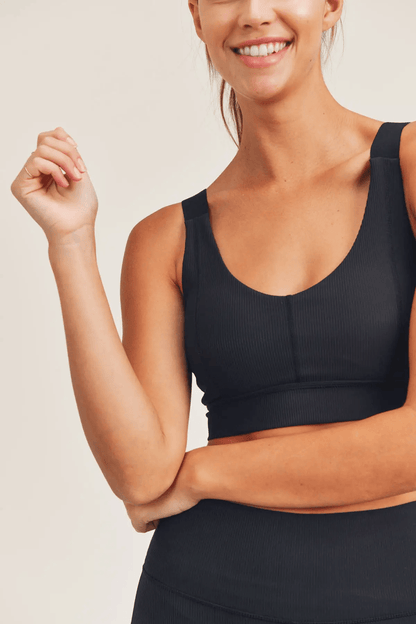 Mono B BRONZE Micro Ribbed Lycra-Blend Sports Bra - Black - Kota Wellness