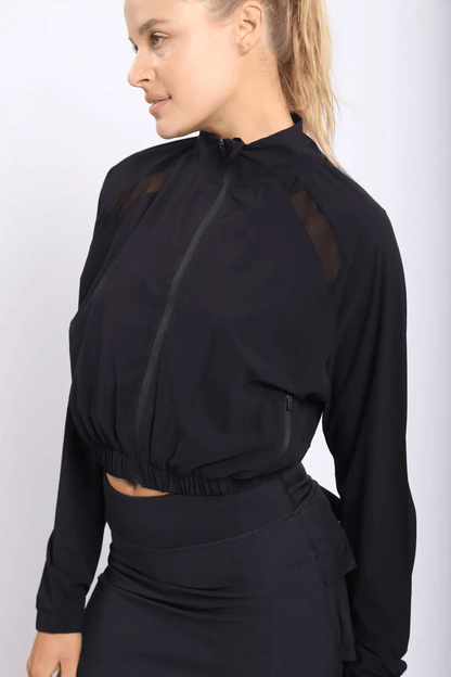 Mono B Cropped Zip-Up Jacket with Mesh Raglan Detail - Black - Kota Wellness