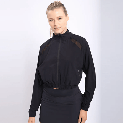 Mono B Cropped Zip-Up Jacket with Mesh Raglan Detail - Black - Kota Wellness