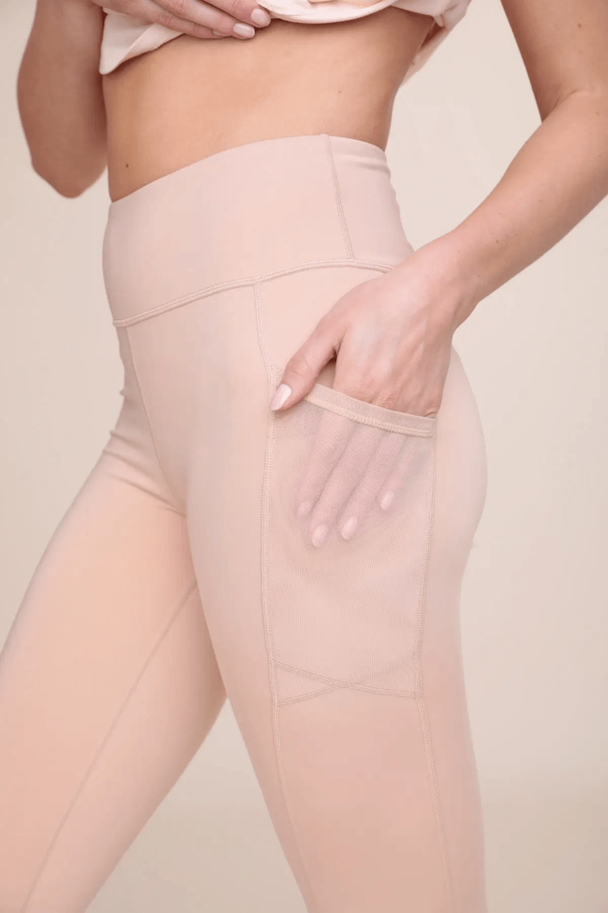 Mono B GREEN Overlay Mesh Pocket High-Waisted Leggings - Light Camel - Kota Wellness