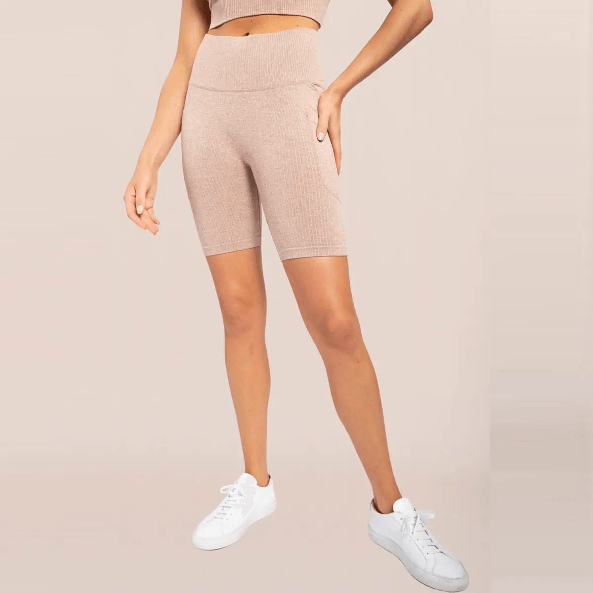 Mono B Seamless Hybrid Pocket Ribbed High-Waisted Biker Shorts - Mud - Kota Wellness