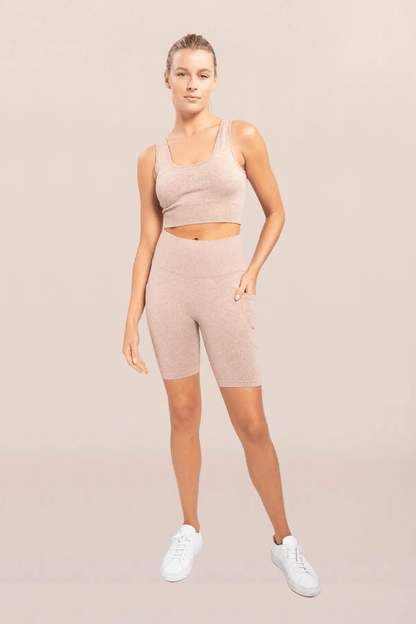 Mono B Seamless Hybrid Pocket Ribbed High-Waisted Biker Shorts - Mud - Kota Wellness