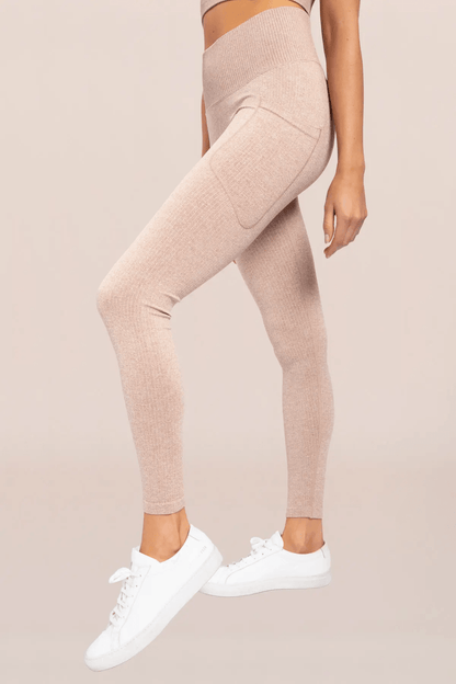 Mono B Seamless Hybrid Pocket Ribbed High-Waisted Leggings - Mud - Kota Wellness