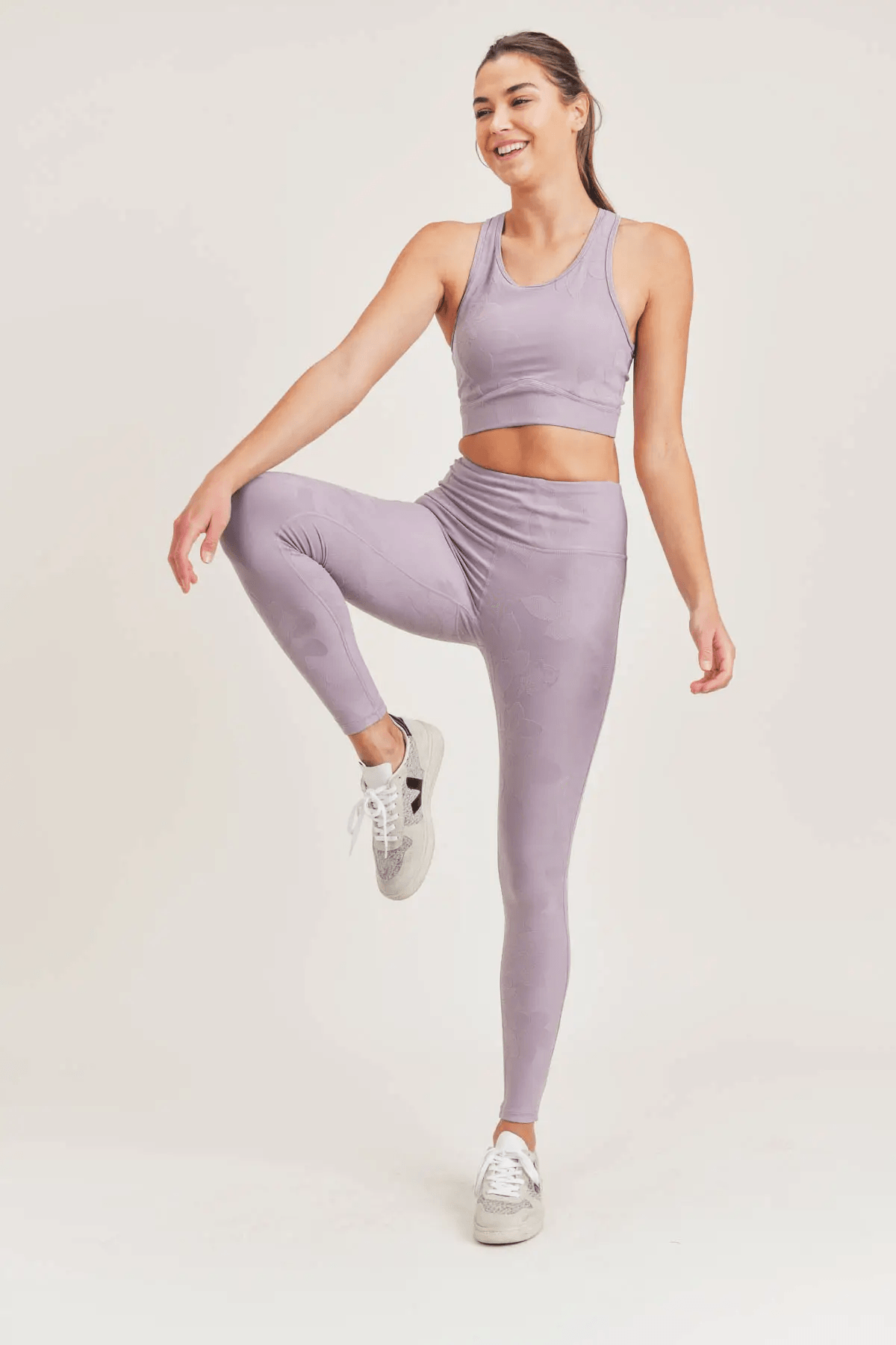 Mono B Textured Flower Jacquard TACTEL® Racerback Sports Bra - Lilac - Kota Wellness