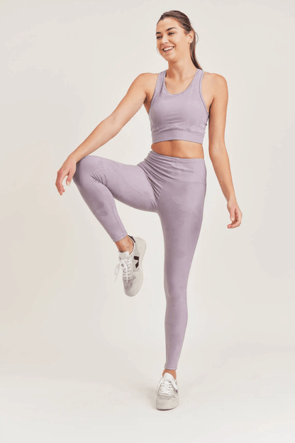 Mono B Textured Flower Jacquard TACTEL® Racerback Sports Bra - Lilac - Kota Wellness