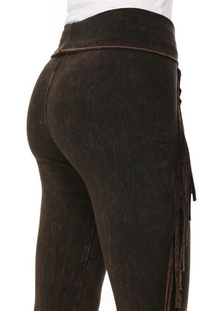 T-Party Mineral Wash Side Fringe Yoga Pants - Brown